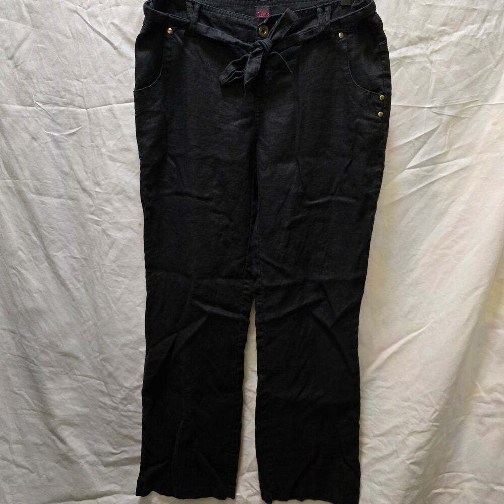 2b bebe y2k black 100% linen straight leg pants tie belt medium casual zip